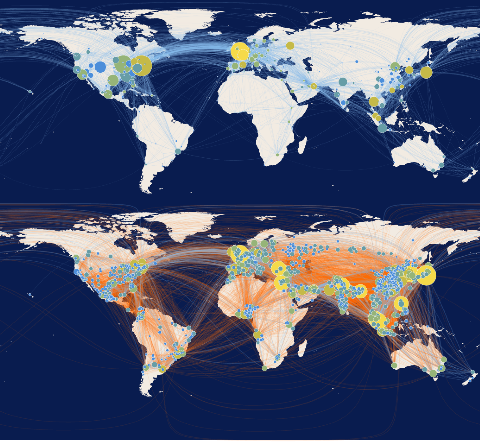 Maps of 2019 and 2050 aviation networks. New connections are shown in 2050 map.